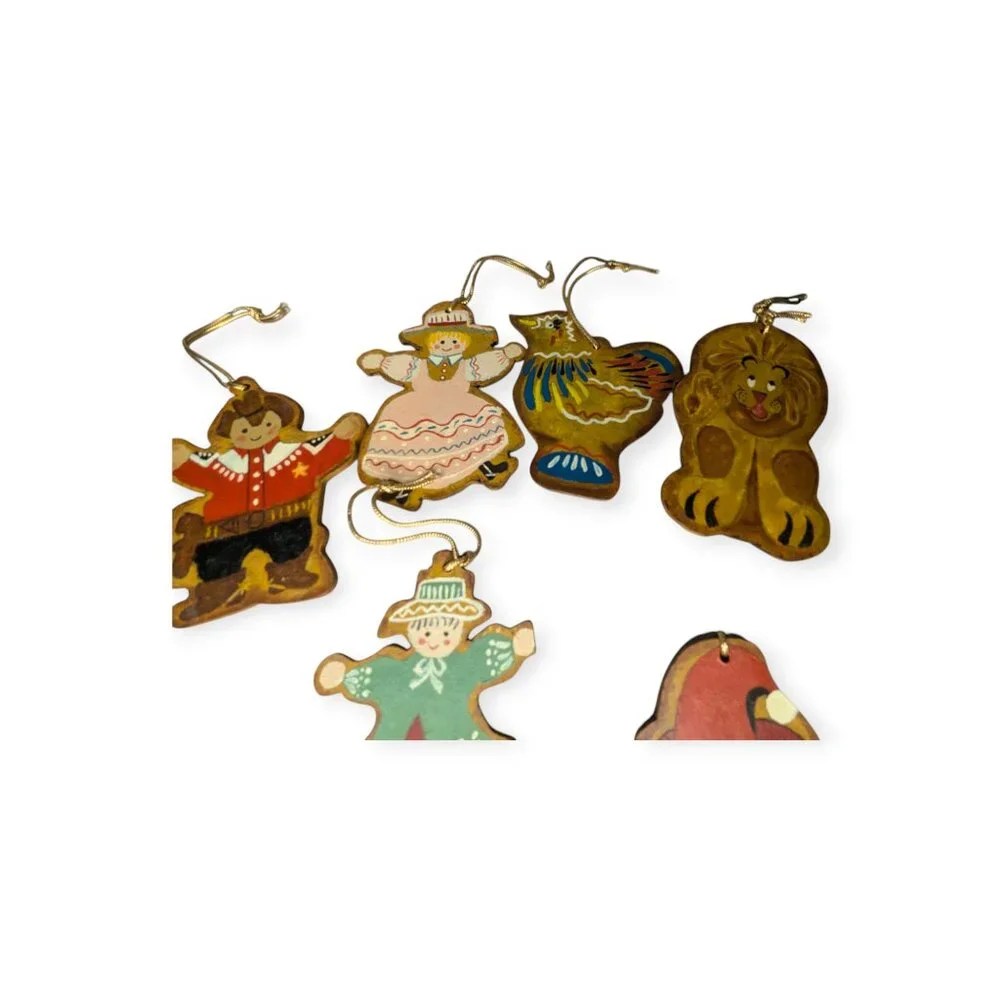 Vintage 1970s Hand Painted Flat Hard Board Christmas Ornaments Set of 8